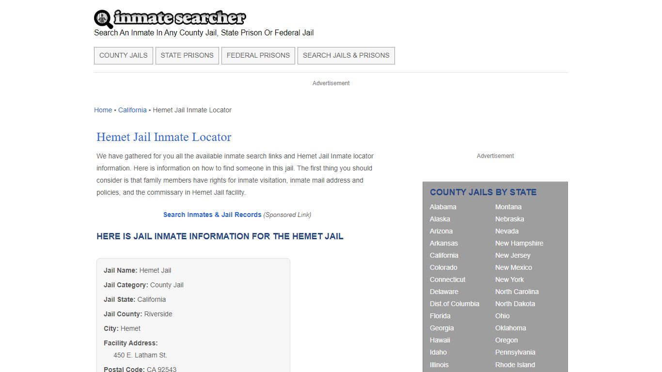 Hemet Jail Inmate Locator - Inmate Searcher