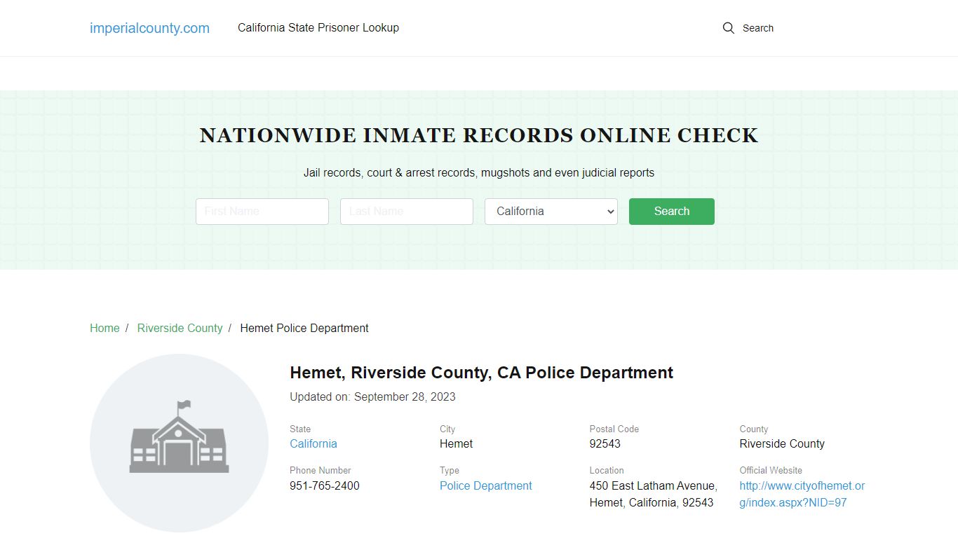 Hemet, CA Police - City Jail Inmates, Arrests - Imperial County
