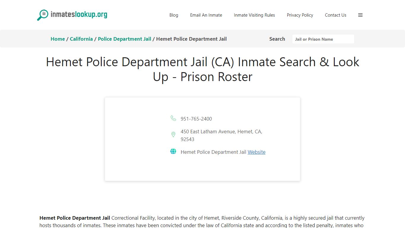 Hemet Police Department Jail (CA) Inmate Search & Look Up - Inmate Lookup